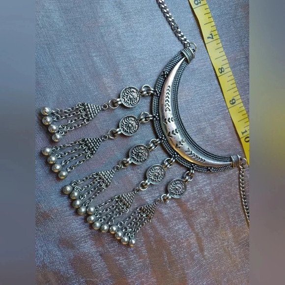 A Silver Boho Fringe Coin Charm Pendant Bib Choker Necklace - Picture 5 of 7